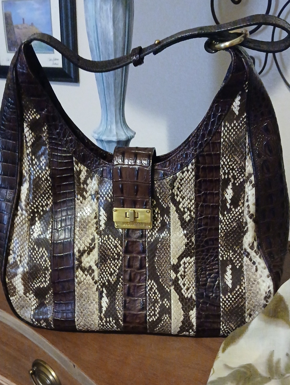 Brahmin Brown & Cream Croc-Embossed Snake-Print Hobo with Gold Hardware